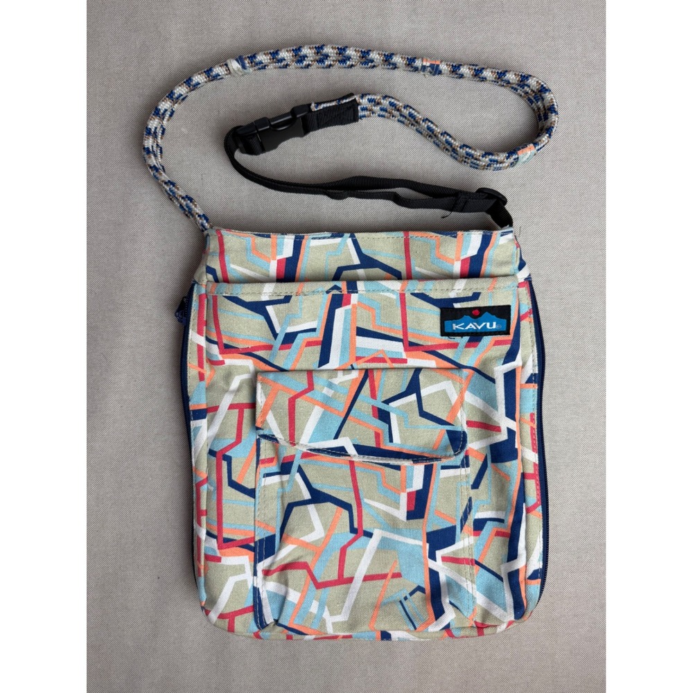 KAVUโ Keeper Bag Crossbody Geometric Abstract Canvas Rope Strap Blue Orange